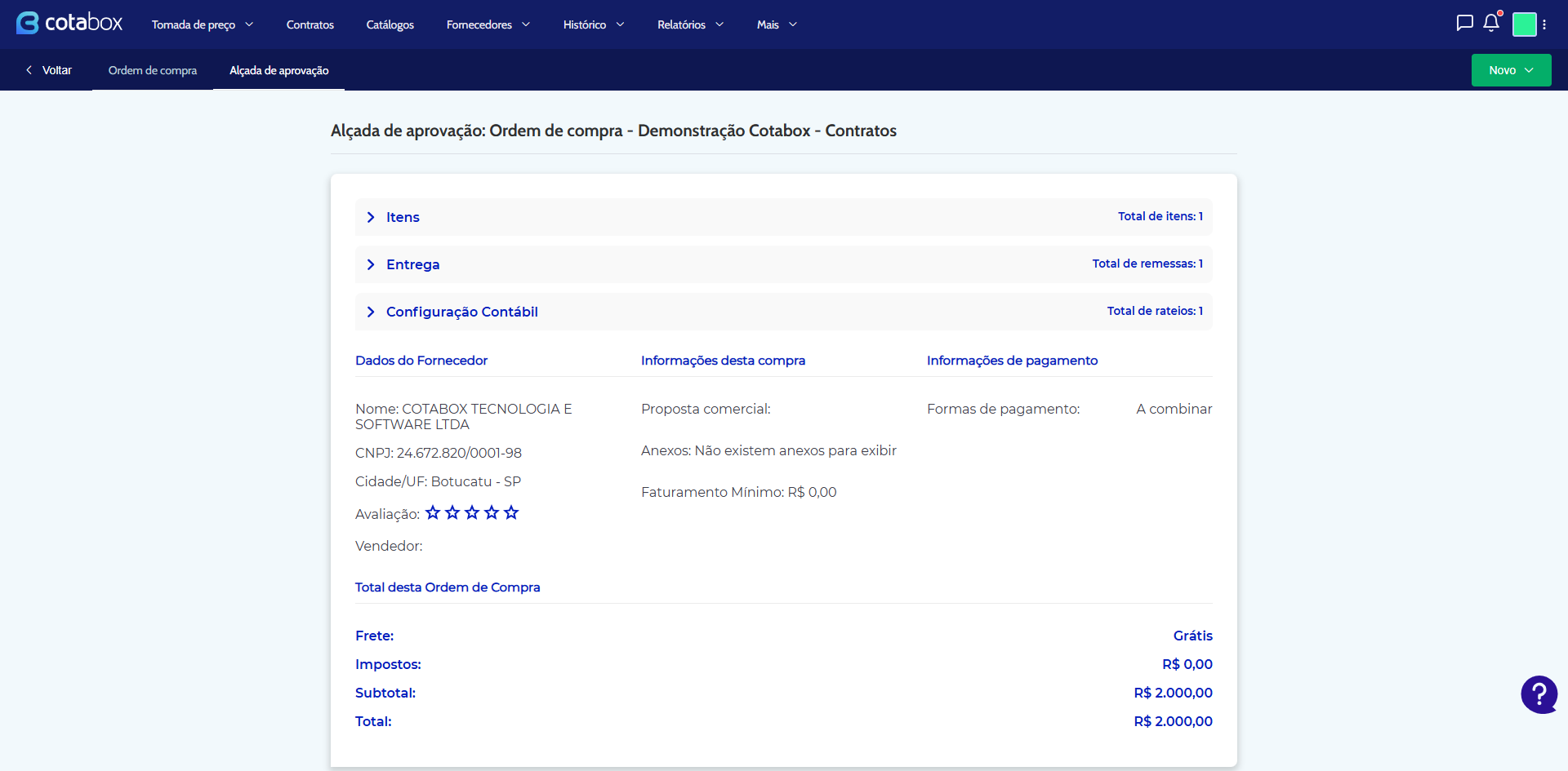 Tela da Cotabox – Ordem de Compra